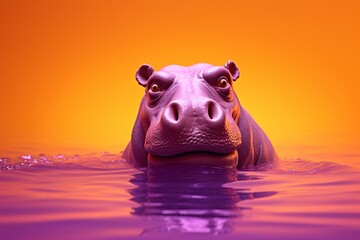 a hippo in water with orange background - obrazy, fototapety, plakaty