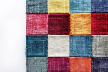 Vibrant multicolored patchwork rug. Close up view. Home comfort and design aesthetics. Home textiles. Carpet for kids room.