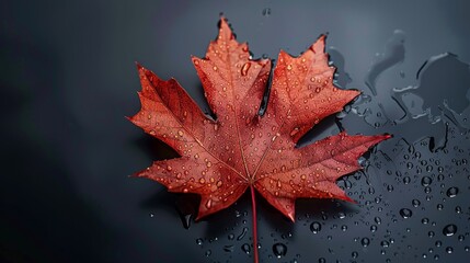Wet Autumn Leaf on Dark Surface