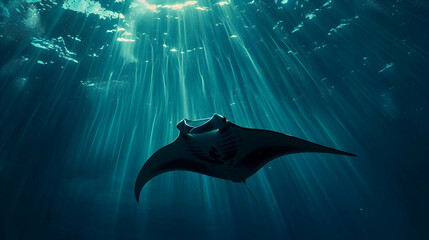 Gliding manta ray gracefully navigating through azure ocean depths - obrazy, fototapety, plakaty