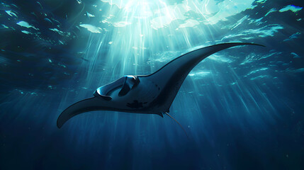 Gliding manta ray gracefully navigating through azure ocean depths - obrazy, fototapety, plakaty