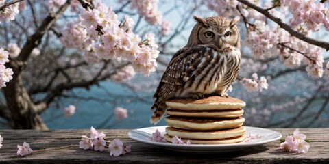 Fototapeta premium An owl atop a pile of pancakes on a table beside a flower-filled tree