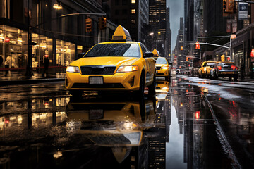 a yellow taxi on a wet street