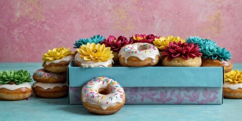   A donut box filled with frosted donuts and sprinkles, alongside a bouquet of flowers
