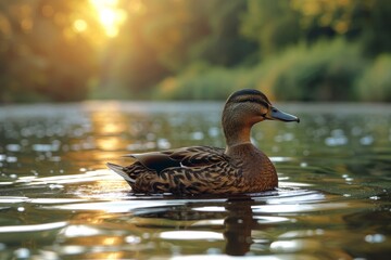A serene moment captures a mallard duck gracefully floating on a tranquil water body during golden hour