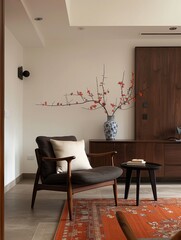 Modern minimalist interior featuring a stylish wooden armchair, a distinctive vase with blooming branches against a neutral background