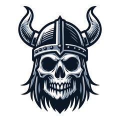 Viking head skull in helmet with horn vector illustration, Nordic Scandinavian warrior, suitable for t-shirt, logo design, tattoo. Design template isolated on white background