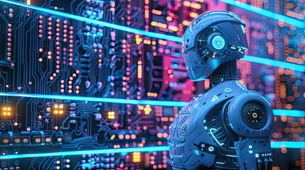 Fototapeta premium an AI humanoid robot deciphers data graphs, symbolizing technological advancement and analytical prowess.