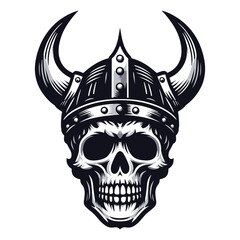 Viking head skull with horned helmet vector illustration, Nordic Scandinavian warrior, suitable for t-shirt, tattoo, logo design. Design template isolated on white background