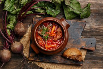 Warming beetroot soup with beef and mushrooms in clay pot served on vintage wooden board with rye...