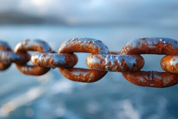 Fototapeta premium Close-up of oxidized heavy chains with rich texture of corrosion set against tranquil sea, signifying strength despite decay