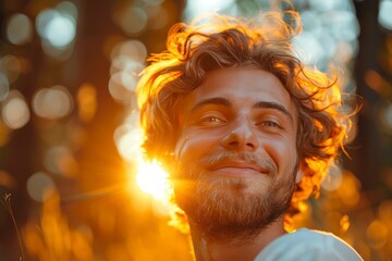 Handsome young man smiling with warm sunlight illuminating his curly hair