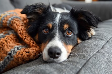Fototapeta premium A cute black and white dog with striking brown eyes peeking out from a warm, chunky knitted blanket on a sofa