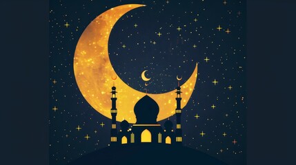 Majestic mosque silhouette with crescent moon in minimalist style, golden lines on dark background