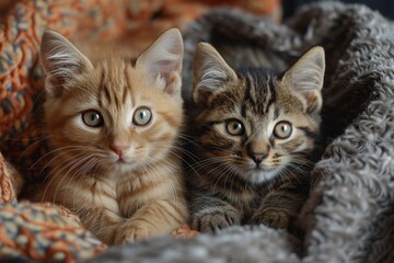 Heartwarming image of a pair of cute kittens cuddled up cozily in a soft blanket