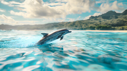 Graceful dolphin leaping gracefully out of crystal-clear waters - obrazy, fototapety, plakaty