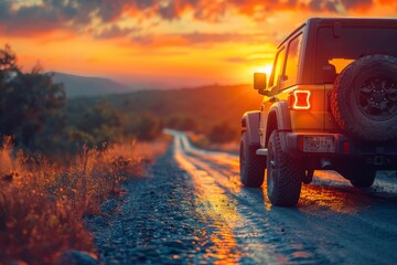 A scenic drive captures a Jeep hitting the country road against a breathtaking sunset, emanating adventure and leisure