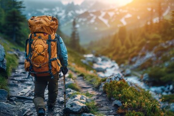 An intrepid solo hiker with a heavy backpack strides confidently through the mountainous terrain, embodying adventure and determination