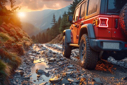 An adventure-ready red Jeep traverses a rocky mountain path during a majestic sunrise, synonymous with exploration and freedom
