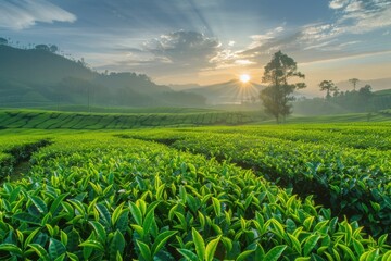 Fototapeta na wymiar Green tea plantation at sunrise time, nature background