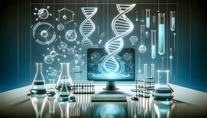 A futuristic laboratory with holographic displays of scientific diagrams, including a DNA helix, floating amidst traditional lab equipment like beakers and test tubes.

