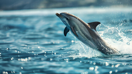Graceful dolphin leaping gracefully out of crystal-clear waters - obrazy, fototapety, plakaty