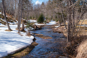 Stream running through a winter landscape.