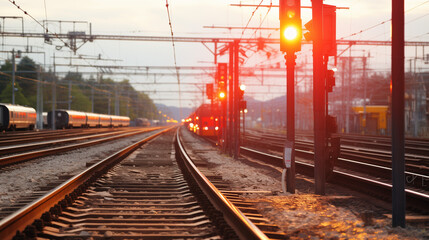 Railway Tracks in the Evening With Red Lights Along The Railroad