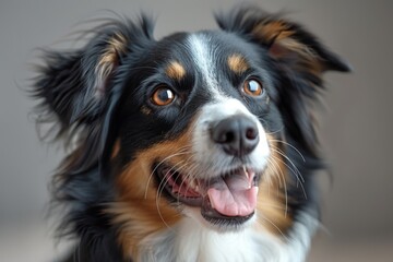 Portrait of a happy tricolor dog with a gleeful expression looking upwards