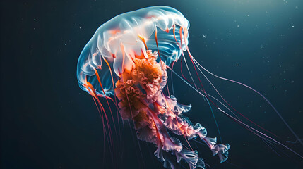 Graceful jellyfish pulsating rhythmically in the depths of the ocean - obrazy, fototapety, plakaty