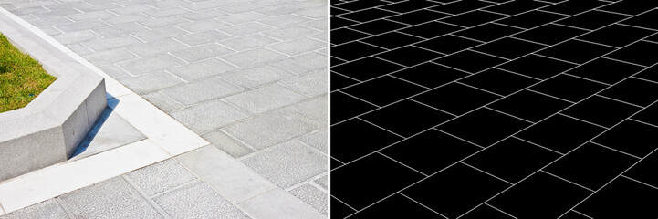 New carved paving made with grey stone blocks in an pedestrian zone - Conceptual perspective view