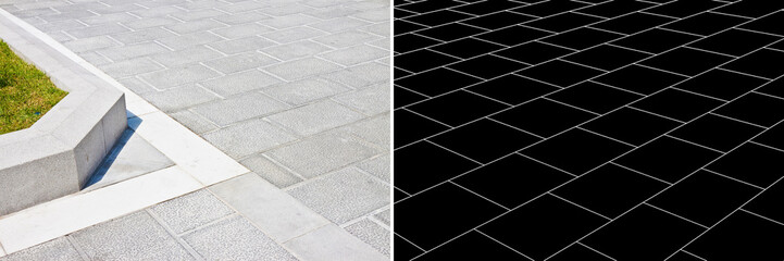 Fototapeta premium New carved paving made with grey stone blocks in an pedestrian zone - Conceptual perspective view