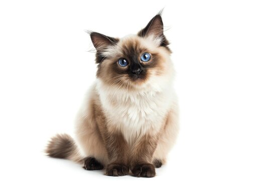 Pretty bicolor Ragdoll cat, sitting up facing front. Looking at camera with dark blue eyes. Isolated on a white background