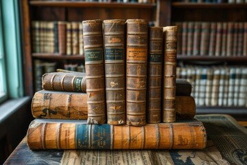 A pile of vintage leather-bound books evoke nostalgia and the pursuit of knowledge in an old-world library setting - obrazy, fototapety, plakaty