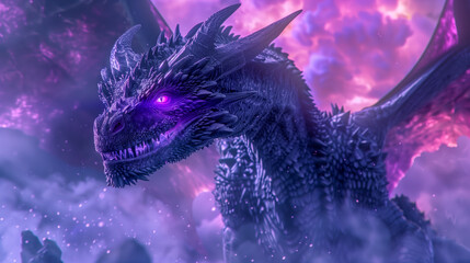 Fierce dragon breathing purple fire in a fantasy realm