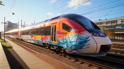 Intercity Passenger Train With Spray Painted Graffiti Art On It's Side In Motion
