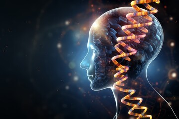 Human brain with DNA strand. Scientific background. 3d illustration 