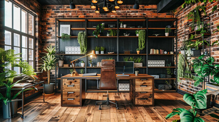 Modern Home Office with Green Plant Accents, Featuring a Wooden Desk, Vintage Chair, and Creative Workspace Decor