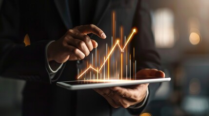Businessman holding tablet with growing virtual hologram of statistics, graph and chart.Business strategy development and growing growth plan. Investment of growth on currency rate.