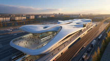 Futuristic Train Station In Europe With Shopping Mall