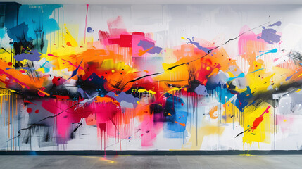 Street art featuring bold color splashes and abstract designs decorates the walls, their vivid hues popping against the clean white backdrop, adding a sense of creativity to the urban setting.