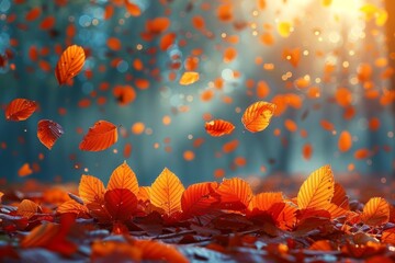 Fototapeta na wymiar Falling orange leaves against a warm, sunlit background evoke the essence of autumn