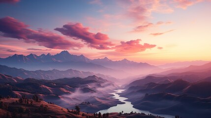 Mountain landscape at sunset. Panoramic view of the lake.