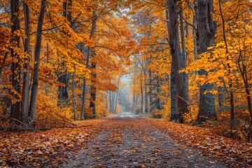 A serene forest path surrounded by tall trees with leaves in vibrant shades of autumn orange and yellow, creating a tranquil and picturesque scene