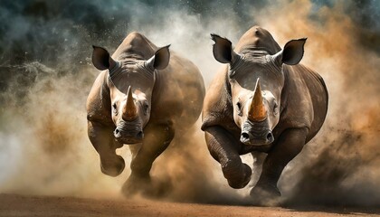 two rhinos charging