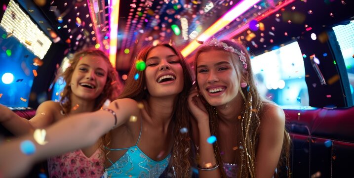 Three joyful women celebrating in a limo adorned with lights and confetti.