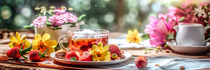 Fototapeta na wymiar Fresh Summer Drinks, Strawberry and Lemonade, Healthy Fruits, Green Garden Background