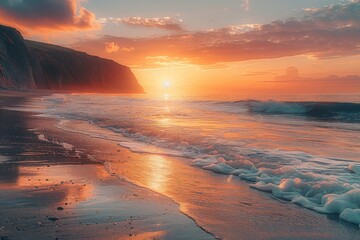 Majestic sunset with vibrant colors over foamy sea waves clashing against dark cliffs