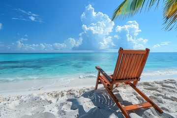 A single wooden lounge chair faces the stunning turquoise ocean on a white sandy beach with lush...