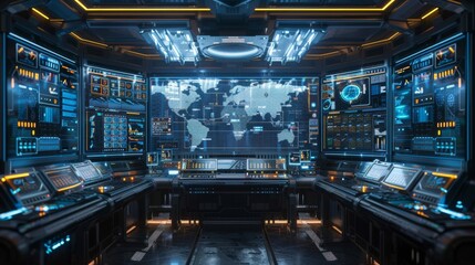 High-tech control room with monitors displaying graphs and various data